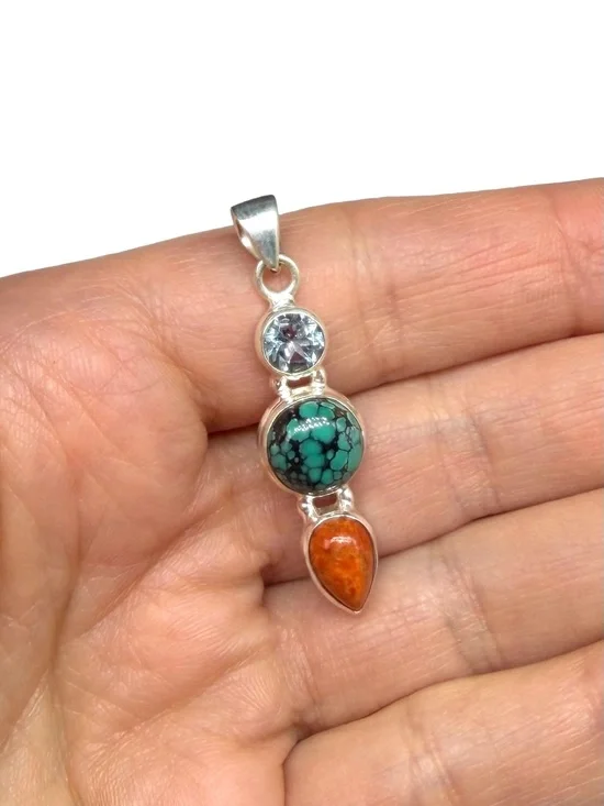 Tibetan Turquoise Sponge Coral & Blue Topaz Necklace Pendant 925 Sterling Silver - Picture 2 of 4